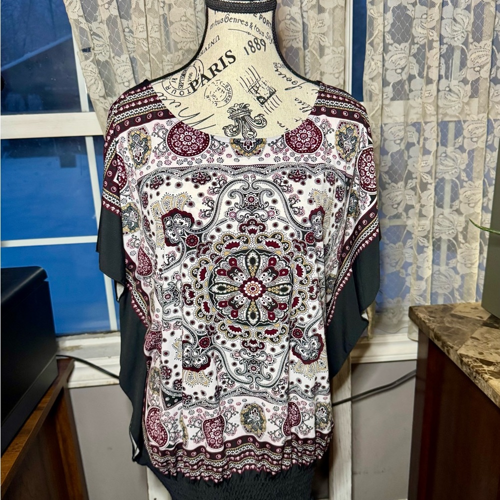 Ricki's Red and Black Short Sleeve Boxy Blouse with Graphic Pattern